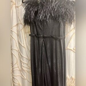 Black, Feathered Sequined Ball Gown with a Slit